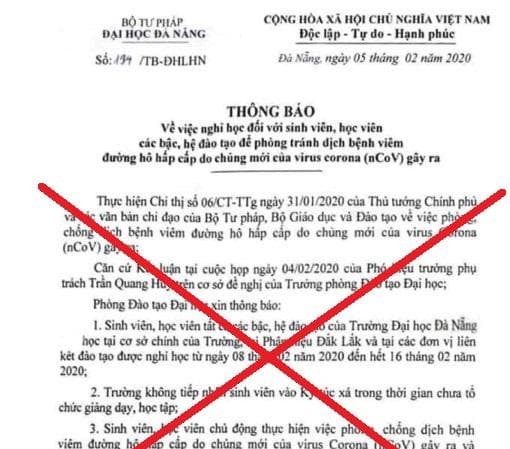 Đại học Đà Nẵng bác thông tin cho sinh viên nghỉ học đến hết ngày 16/2 Văn bản giả mạo thông báo sinh viên nghỉ học đến ngày 16/2.