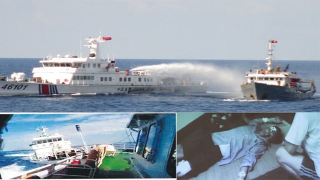 Thế giới quan ngại trước hành động gây hấn của Trung Quốc Tàu hải cảnh Trung Quốc dùng vòi rồng phun nước uy hiếp tàu Cảnh sát Biển Việt Nam (ảnh trên); Tàu hải cảnh Trung Quốc đâm vào vách tàu Việt Nam (ảnh trái); Kiểm ngư viên của Việt Nam bị thương do mảnh vỡ trên tàu văng ra (ảnh phải). Ảnh do Cảnh sát Biển