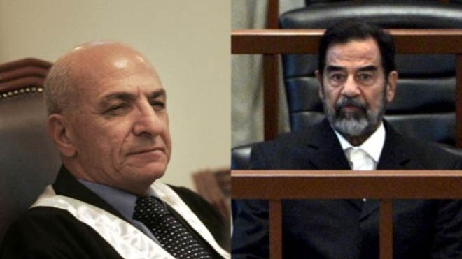 Thẩm phán tuyên tử hình Saddam Hussein bị treo cổ Thẩm phán Raouf Abdul Rahman (trái và Cựu Tổng thống Iraq Saddam Hussein)