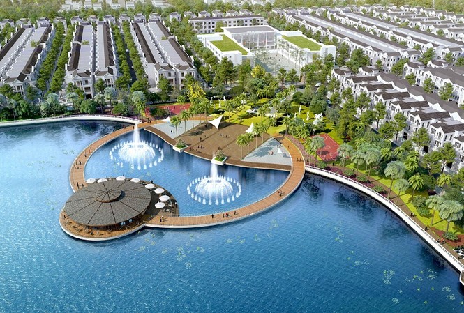 12,4ha hồ điều hòa - Giấc mơ xanh giữa lòng Hà Nội Hồ điều hòa 12,4ha tại Vinhomes Riverside – The Harmony từ trên cao