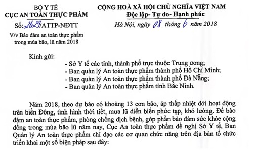 Bảo đảm an toàn thực phẩm trong mùa bão, lũ năm 2018 Bảo đảm an toàn thực phẩm trong mùa bão, lũ năm 2018