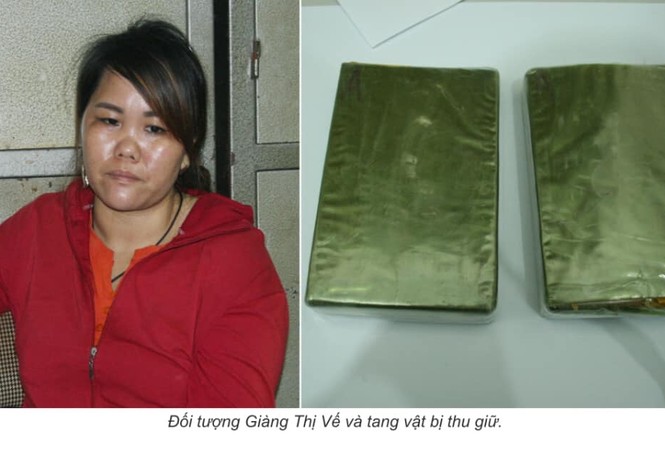 Bắt đối tượng vận chuyển thuê 2 bánh heroin với giá 40 triệu đồng Đối tượng Giàng Thị Vế cùng tang vật.