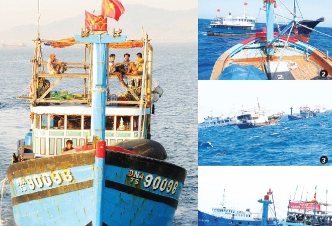 10 ngày cùng ngư dân giữa tọa độ “nóng” Ngư dân miền Trung hiên ngang ra Hoàng Sa (ảnh 1). Tàu cá của ngư dân bị tàu Trung Quốc chặn đầu, kèm chặt và bao vây (ảnh 2,3,4). ảnh: Nam cường
