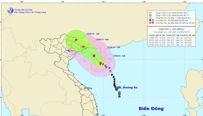 Bão số 1 đổi hướng vào vịnh Bắc Bộ Dự báo đường đi và khu vực ảnh hưởng của bão Kujira. Ảnh: Trung tâm Dự báo khí tượng thủy văn TƯ.