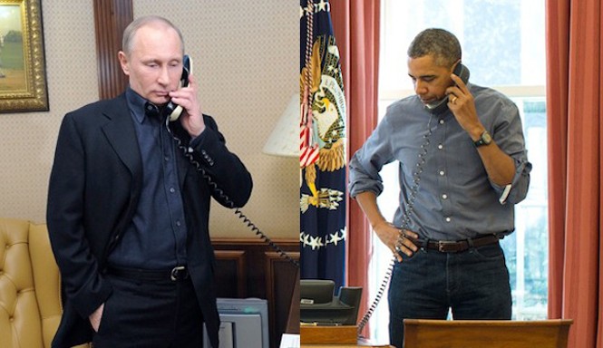 Thế giới phản ứng về quyết định rút quân của Nga tại Syria Tổng thống Nga Vladimir Putin và người đồng cấp Mỹ Barack Obama điện đàm. Ảnh minh họa: Moscow Times.