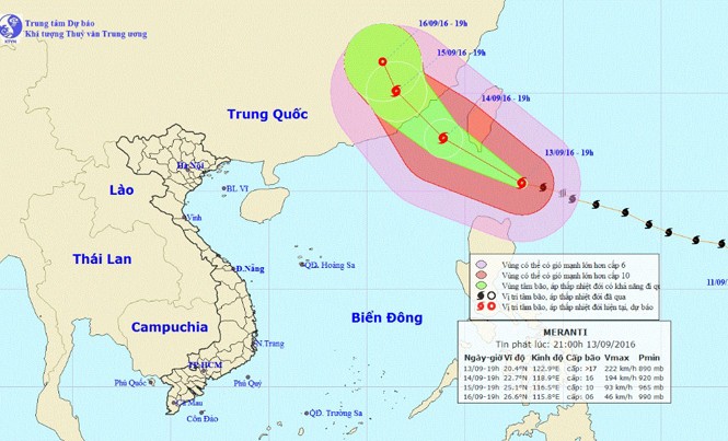 Tin mới nhất về siêu bão Meranti giật cấp 17 Vị trí và dự báo đường đi của siêu bão Meranti. Nguồn: Trung tâm Dự báo Khí tượng Thủy văn Trung ương.