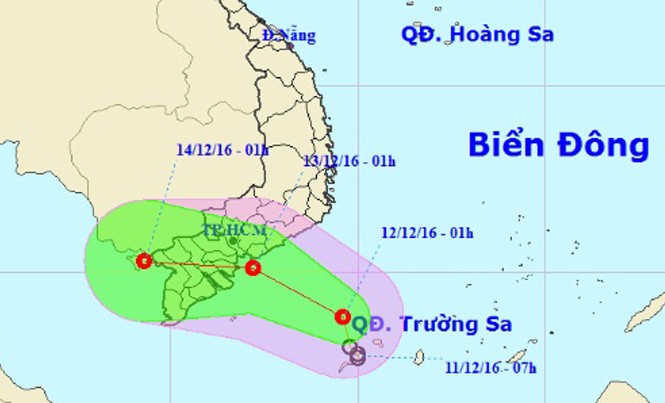 Áp thấp nhiệt đới trên biển Đông, Nam Bộ đề phòng lốc xoáy Dự báo đường đi của áp thấp nhiệt đới. Ảnh: NCHMF.