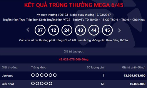 Thêm người trúng số Vietlott hơn 43 tỷ đồng Thêm người trúng số Vietlott hơn 43 tỷ đồng