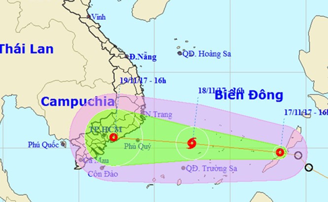 Áp thấp nhiệt đới mạnh cấp 9 trên Biển Đông, hướng vào TPHCM Vị trí và hướng di chuyển của áp thấp nhiệt đới. Ảnh: NCHMF.