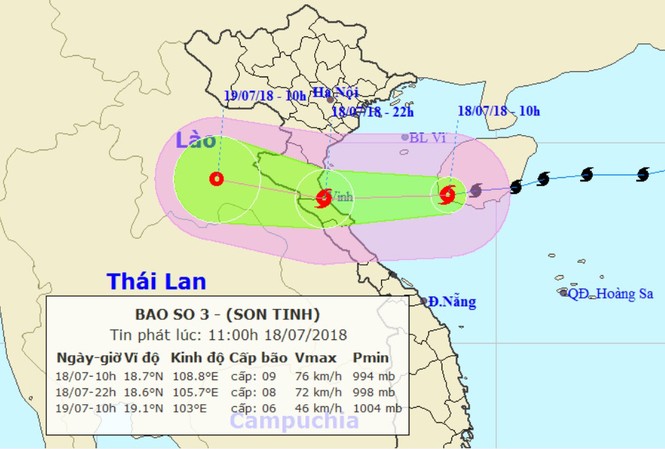 Bão số 3 tăng cấp, hướng thẳng Thái Bình đến Quảng Bình Chiều tối nay (18/7), bão Sơn Tinh sẽ ảnh hưởng trực tiếp đến khu vực ven biển các tỉnh từ Thái Bình đến Quảng Bình. Ảnh: Ảnh: NCHMF.