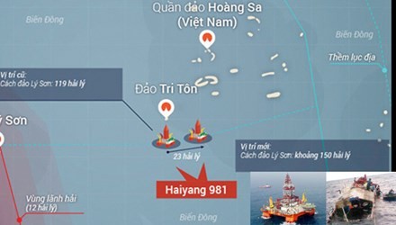 Bản tin 8H: Trung Quốc cản trở hoạt động cứu hộ của Việt Nam Vị trí mới của giàn khoan 981 (ảnh lớn-nguồn Vnexpress, đồ họa của Đồng Nguyên Anh), Giàn khoan 981 và tàu ngư dân Lý Sơn từng bị tàu Trung Quốc đâm chìm.