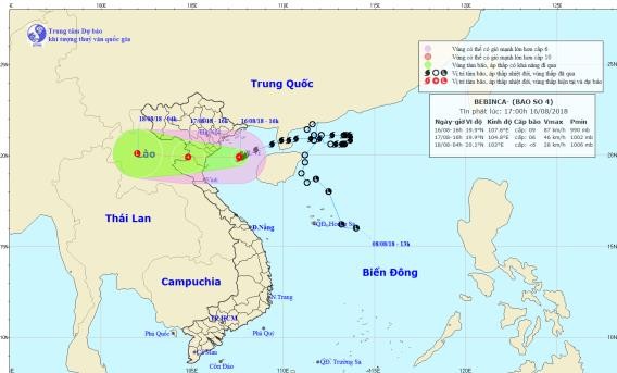 Quét qua các tỉnh Hải Phòng – Nghệ An, bão số 4 suy yếu thành áp thấp Hướng đi của bão số 4. Ảnh: Trung tâm Dự báo Khí tượng Thủy văn Quốc gia