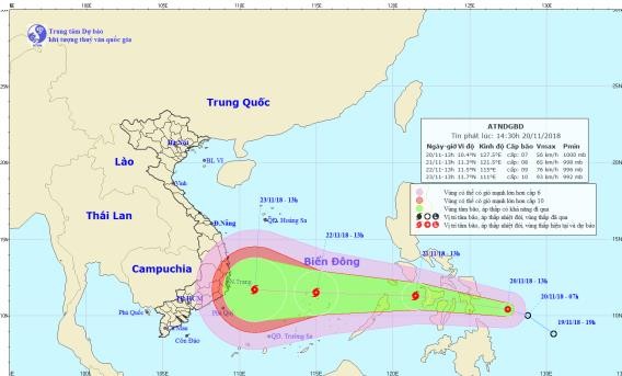 Áp thấp nhiệt đới mạnh lên thành bão, sắp vào biển Đông Đường đi của bão. Ảnh: TTDBKTTVQG