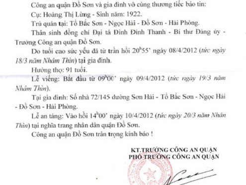 Thực hư việc báo tang mẹ trưởng công an quận bằng văn bản Thực hư việc báo tang mẹ trưởng công an quận bằng văn bản