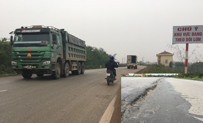 “Sa mạc cát” bủa vây đê sông Hồng: Xe quá tải hành hạ mặt đê Xe quá khổ, quá tải chở cát trên đê sông Hồng, đoạn qua địa phận huyện Văn Giang (Hưng Yên) (ảnh lớn); Hàng loạt điểm đê sông Hồng bị lún, rạn nứt dài hàng km. Ảnh: Nguyễn Hoàn.