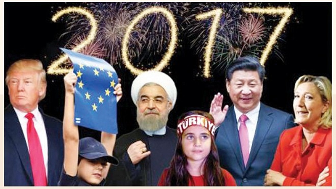 9 sự kiện ảnh hưởng thế giới năm 2017 Từ trái sang: Tổng thống đắc cử Mỹ Donald Trump, Brexit, Tổng thống Iran Hassan Rouhani, Thổ Nhĩ Kỳ, Chủ tịch Trung Quốc Tập Cận Bình và bà Marine Le Pen. Nguồn: Financial Times.