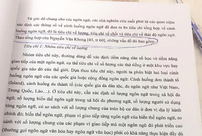 Trang luận án gây tranh cãi của TS Trần Phương Nguyên khi đưa 3 tiêu chí về cảnh huống ngôn ngữ theo tổng hợp của GS Nguyễn Văn Khang.