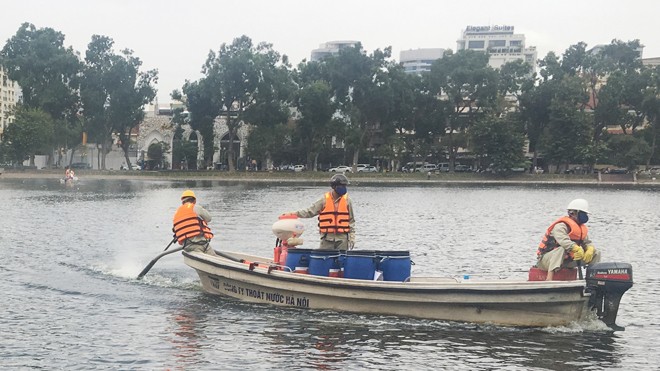 Công bố chất lượng nước các hồ ở Hà Nội Hơn 80 hồ Hà Nội đã được xử lý ô nhiễm bằng chế phẩm Redoxy - 3D. Ảnh: T.Đảng