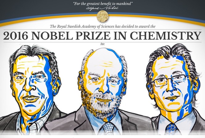 Thiết kế cỗ máy nhỏ nhất thế giới đoạt giải Nobel Hóa học Bộ 3 nhà khoa học đoạt giải Nobel Hóa học 2016. Từ trái sang: Jean-Pierre Sauvage (Pháp), Sir J. Fraser Stoddart (Mỹ) và Bernard L. Feringa (Hà Lan).
