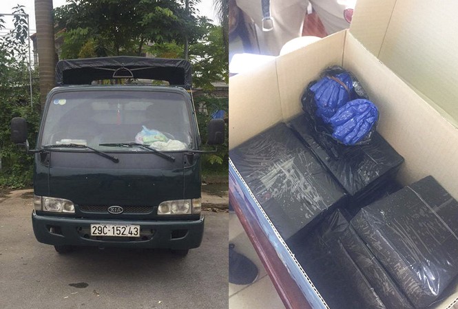 Vận chuyển 15 bánh heroin, hàng nghìn viên ma túy bằng xe tải Chiếc xe tải cùng số ma túy bị thu giữ.