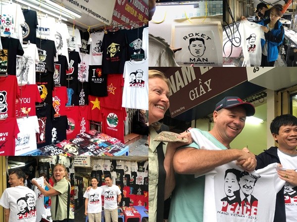 Áo phông in hình Chủ tịch Kim Jong-un và Tổng thống Trump Áo phông in hình Chủ tịch Kim Jong-un và Tổng thống Trump "gây sốt" tại Hà Nội