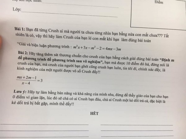 Đánh đúng tâm lý học trò, thầy giáo dạy Toán ra đề Đánh đúng tâm lý học trò, thầy giáo dạy Toán ra đề "hãy làm cho crush của bạn lé con mắt"