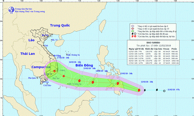 Dự báo vị trí và hướng di chuyển của bão Sanba - Nguồn: Trung tâm Dự báo khí tượng thủy văn Trung ương
