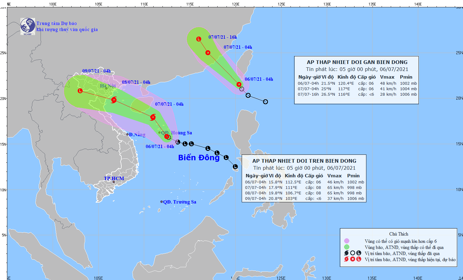Dự báo đường đi và vùng ảnh hưởng của áp thấp nhiệt đới trên Biển Đông. Đồ họa: Trung tâm Dự báo Khí tượng Thủy văn Quốc gia.