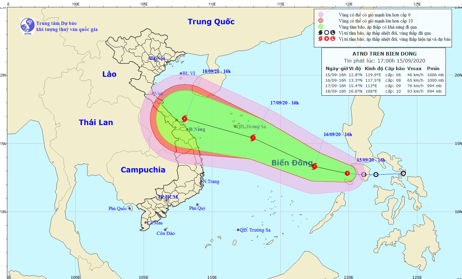 Dự báo đường đi và vùng ảnh hưởng của áp thấp nhiệt đới trên Biển Đông.