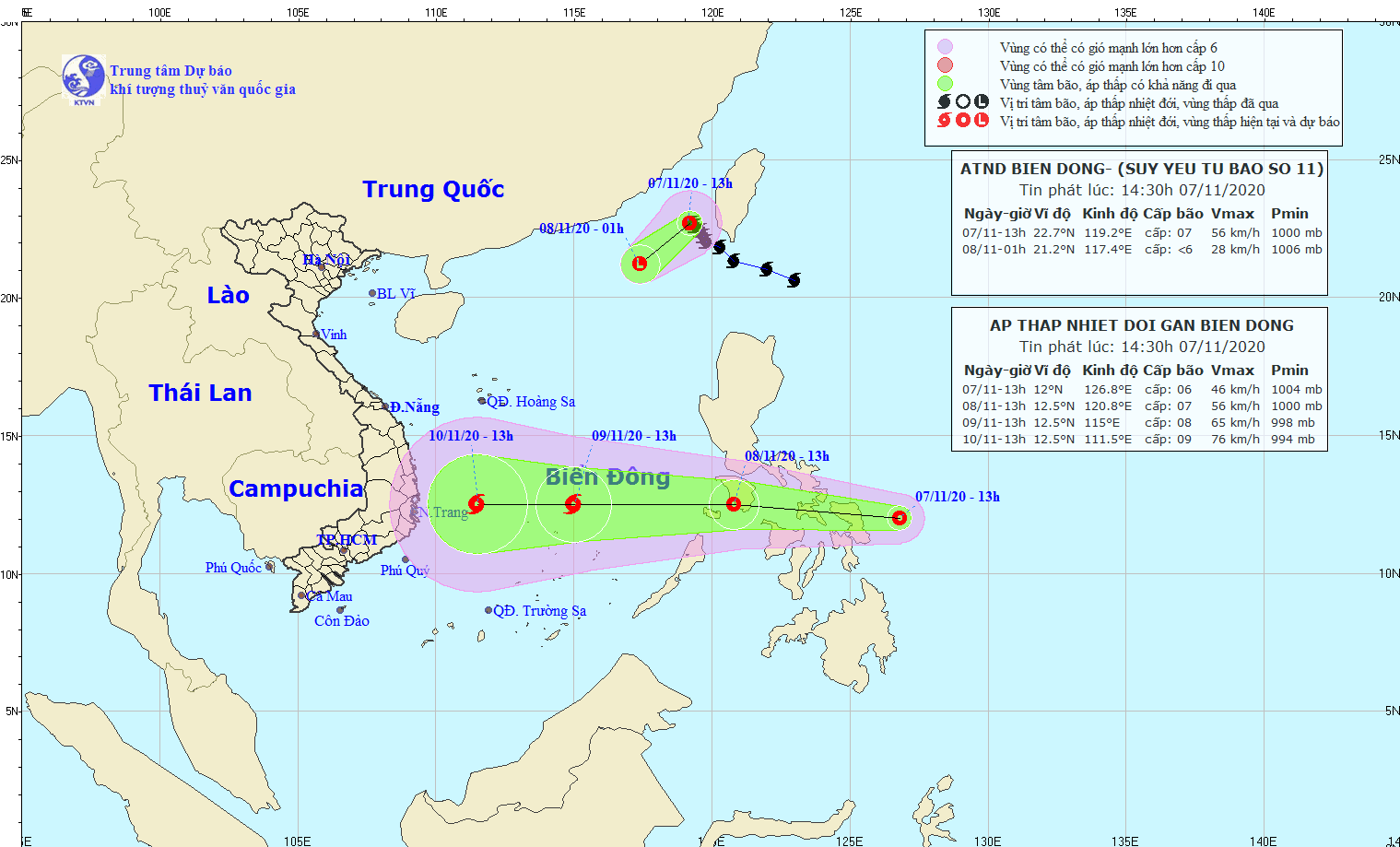 Dự báo đường đi và vùng ảnh hưởng của 2 cơn áp thấp nhiệt đới suy yếu từ bão số 11 và áp thấp nhiệt đới ngoài khơi Philippines có khả năng vào Biển Đông.