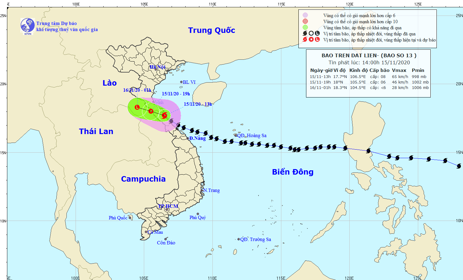 Bão sẽ suy yếu thành áp thấp nhiệt đới trong chiều nay rồi di chuyển đến biên giới Việt - Lào trong tối nay