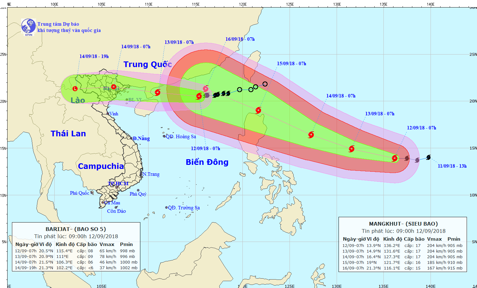 Vị trí, hướng di chuyển của bão số 5 (trái) và hình ảnh siêu bão Mangkhut (Ảnh: NCHMF)