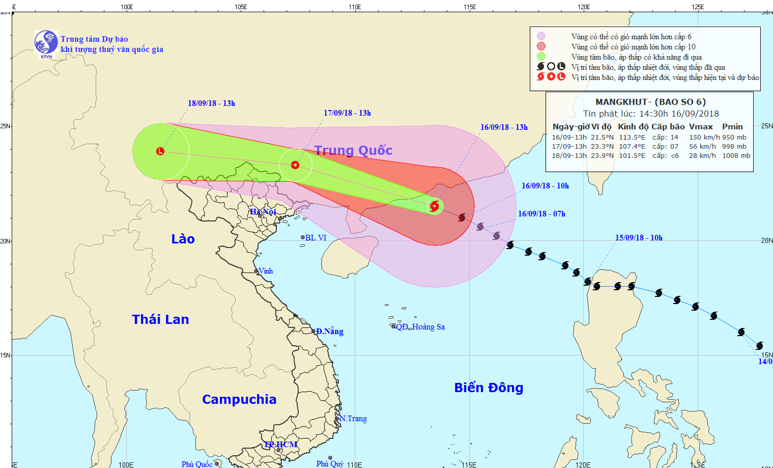 Tâm bão số 6 dự kiến đổ bộ vào đất liền Trung Quốc vào chiều tối nay, 16/9. Ảnh: NCHMF.