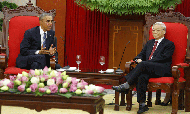 Tổng Bí thư Nguyễn Phú Trọng tiếp Tổng thống Obama thăm chính thức Việt Nam. Ảnh: Hồng Vĩnh.
