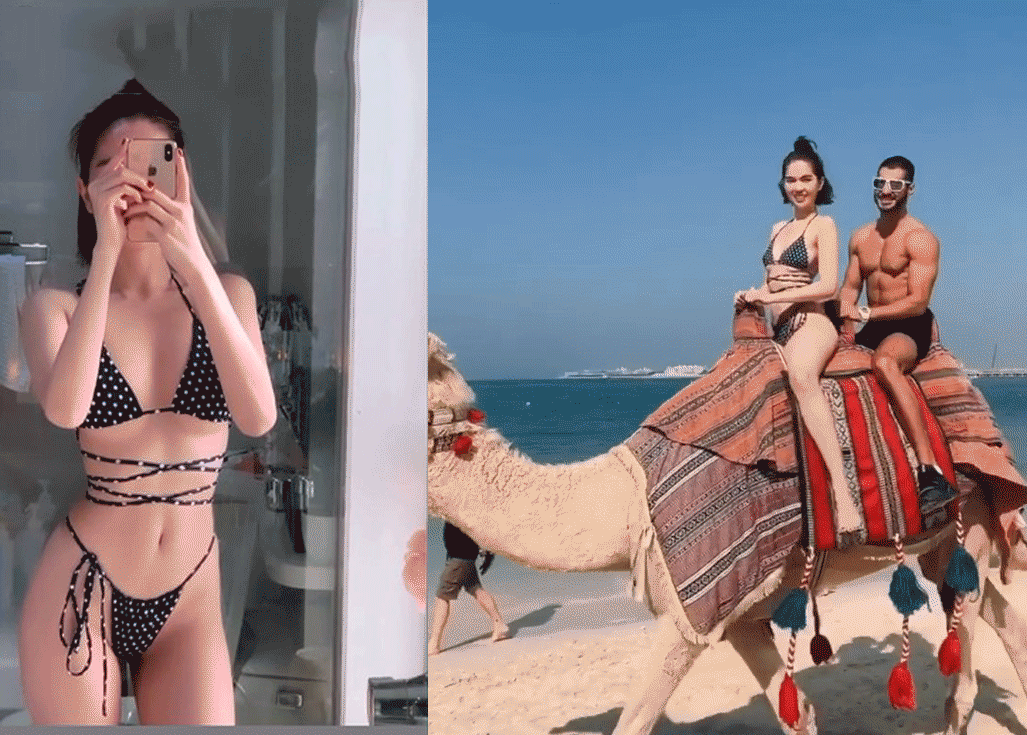 Ngọc Trinh diện bikini bé xíu, đu đưa trên lưng lạc đà ở Dubai