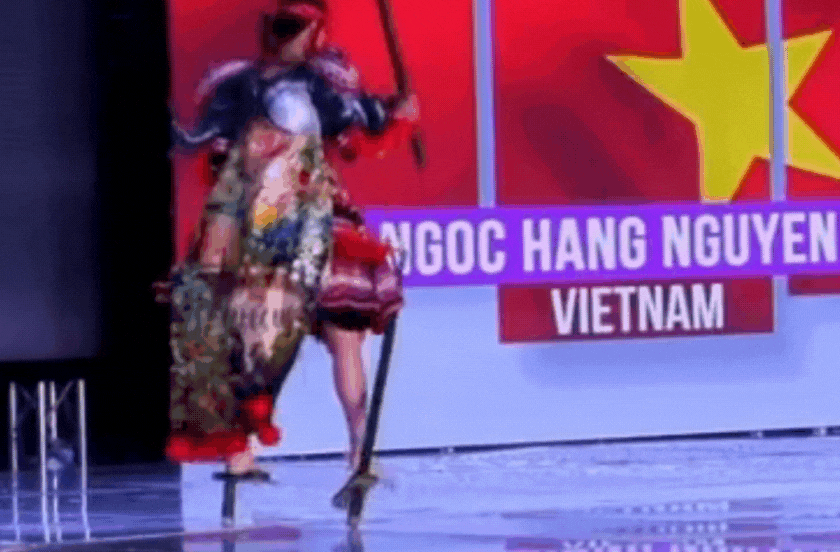 Ngọc Hằng gặp sự cố gãy cà kheo trên sân khấu Hoa hậu Liên lục địa