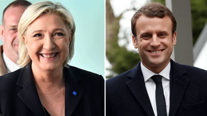 Bà Marine Le Pen và ông Emmanuel Macron sẽ bước vào vòng 2 của cuộc bầu cử Tổng thống Pháp hôm 7/5 tới. Ảnh: AFP