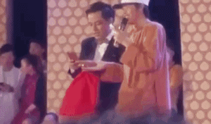 Hoài Linh và MC đều bất ngờ khi bị ném đá thẳng lên sân khấu.