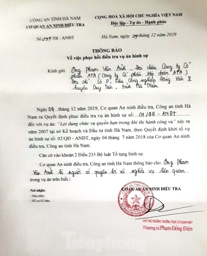 Phục hồi điều tra vụ án hình sự tại Sở Kế hoạch và Đầu tư tỉnh Hà Nam - ảnh 1