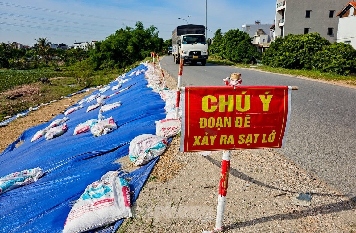 Cận cảnh tuyến đê bị sạt lở nghiêm trọng tại Chương Mỹ vừa phải công bố tình huống khẩn cấp ảnh 12