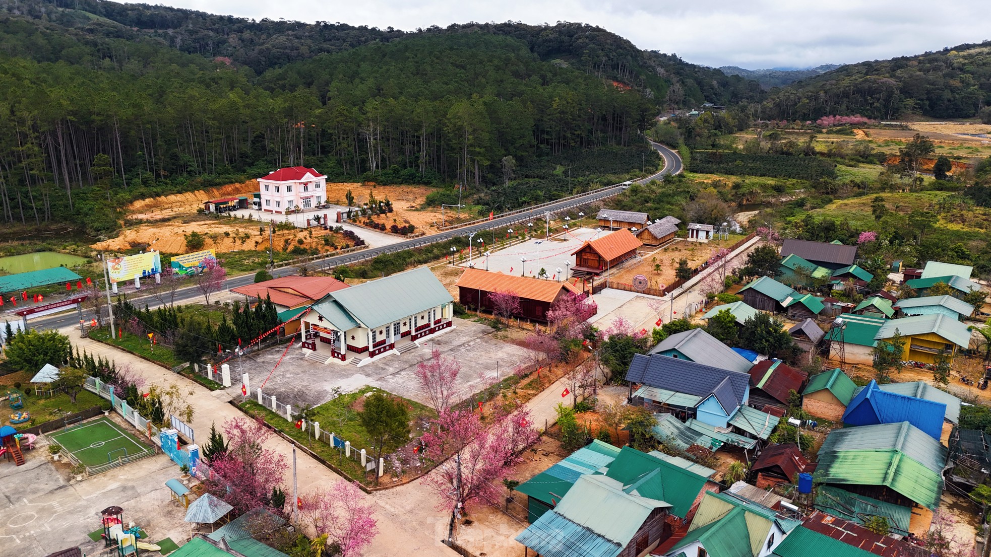 Hoa đào rực rỡ quanh ngôi làng nhỏ trên cao nguyên- Ảnh 2.