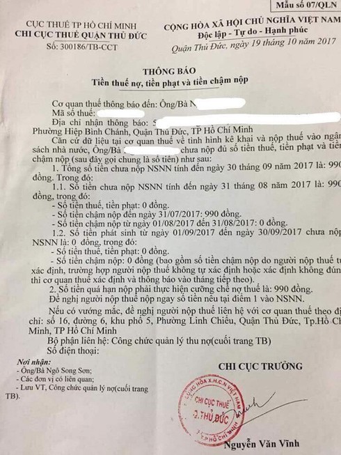 Một người dân ở TPHCM bị cưỡng chế nợ thuế… 990 đồng - ảnh 1
