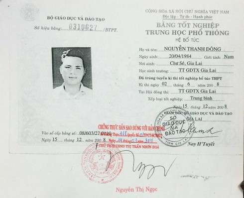 Bằng tốt nghiệp THPT giả của ông Nguyễn Thanh Đông