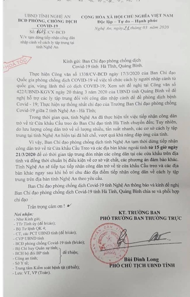 Nghệ An tạm dừng tiếp nhận công dân nhập cảnh từ Cầu Treo ảnh 1