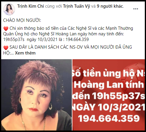 Trịnh Kim Chi kêu gọi được gần 200 trăm triệu đồng ủng hộ nghệ sĩ Hoàng Lan ảnh 1