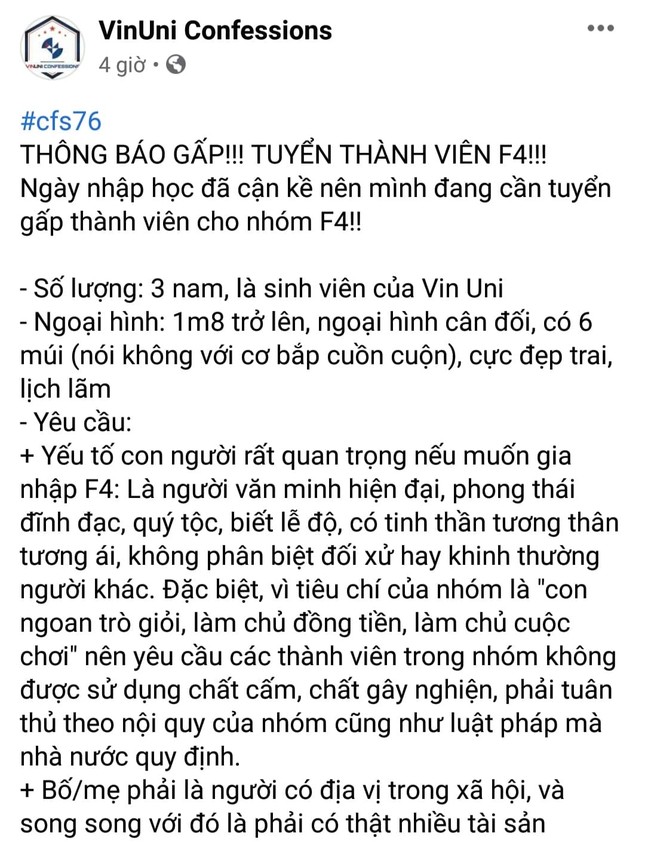 Đăng thông báo tuyển F4 thẻ tín dụng có số dư ít nhất 5 tỉ, trang Confession gây tranh cãi ảnh 1