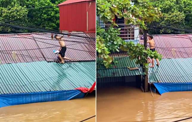 Thanh niên Yên Bái tháo vách, trèo mái nhà đưa thực phẩm cho hàng xóm chống lũ ảnh 2