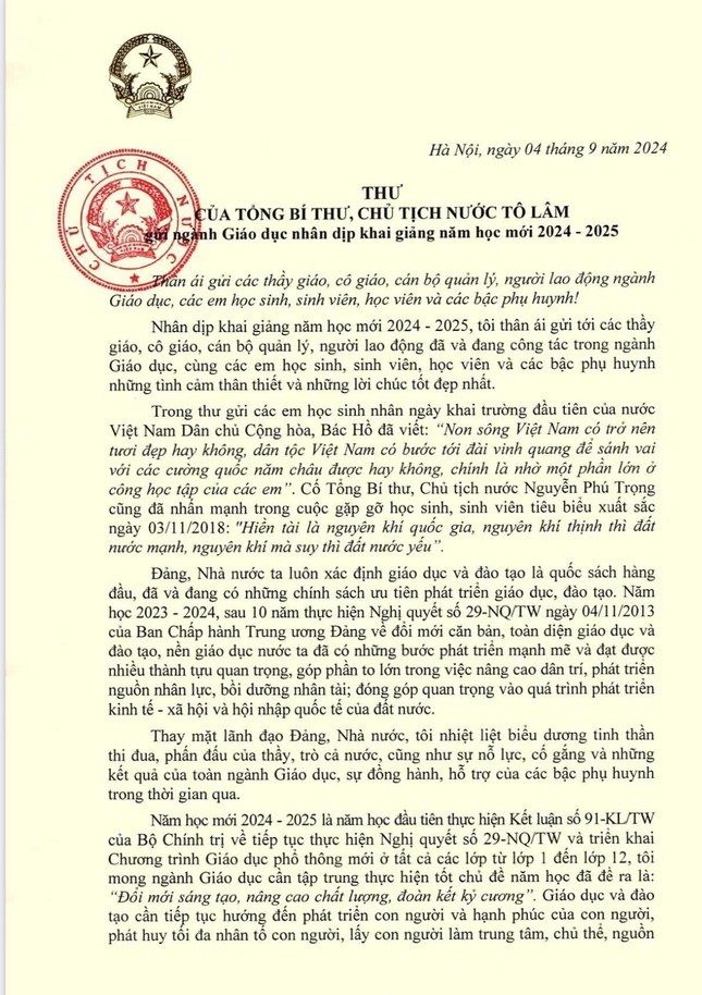 Thư của Tổng Bí thư, Chủ tịch nước Tô Lâm gửi ngành Giáo dục nhân ngày khai trường ảnh 2