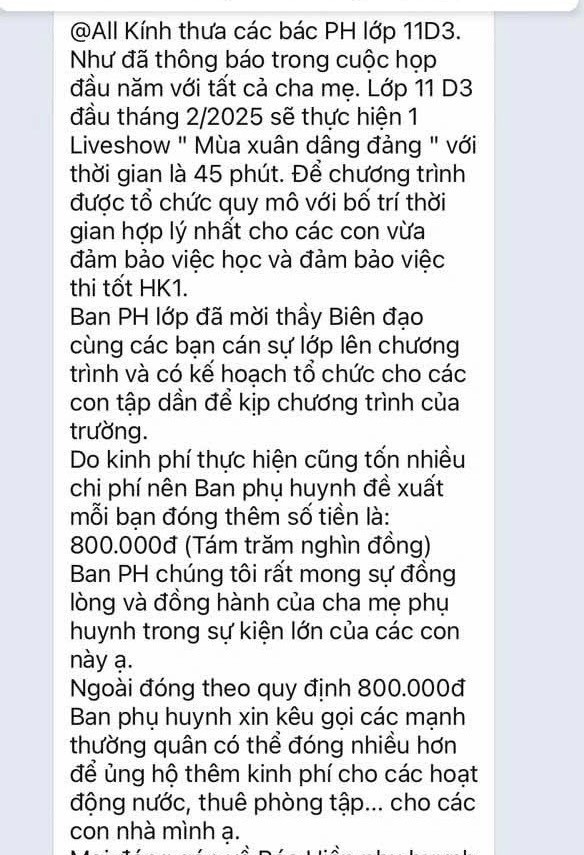 Hà Nội: Mỗi học sinh đóng 800 nghìn đồng tổ chức văn nghệ, phụ huynh bức xúc ảnh 1