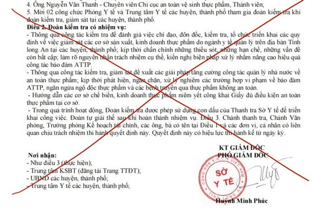 Văn bản giả mạo quyết định của Sở Y tế Long An.